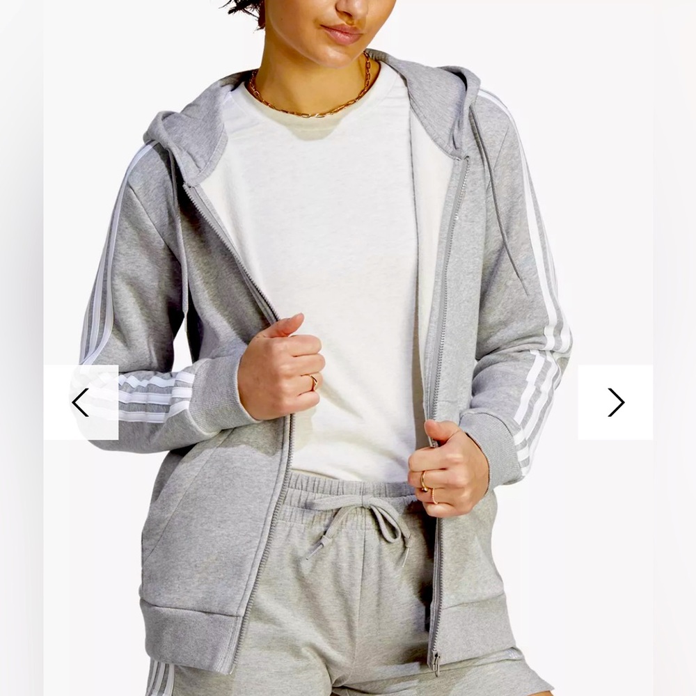 adidas Women’s Essentials 3-Stripes Full-Zip Fleece Hoodie, Grey Heather/White